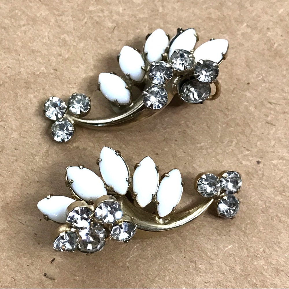 Vintage Milk Glass Rhinestone Earrings Ear Climber